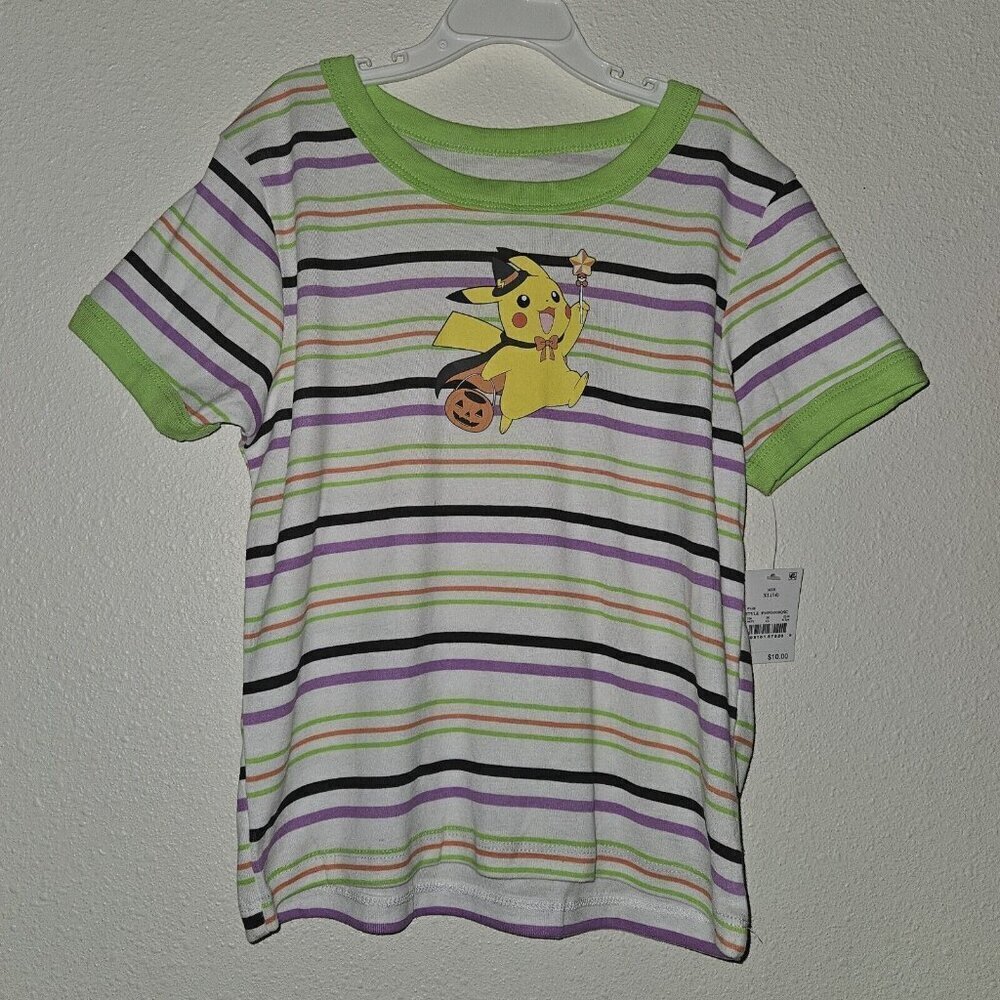 NWT Pokemon Pikachu Halloween Shirt Girls XL 14 Green Purple Black Stripes